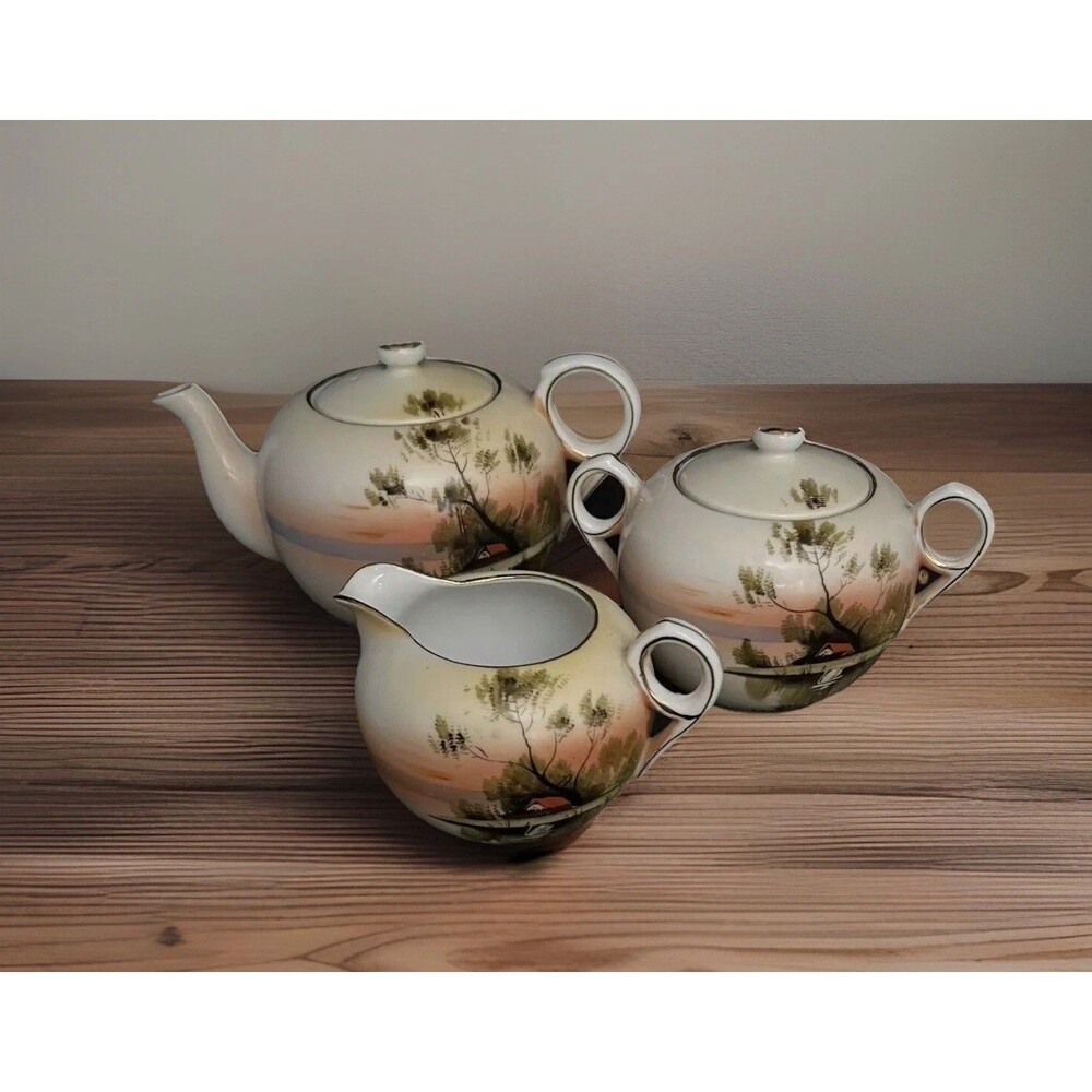 Vintage Japan Hand Painted Swan on Lake Sunset Teapot Creamer and Sugar Bowl Lot